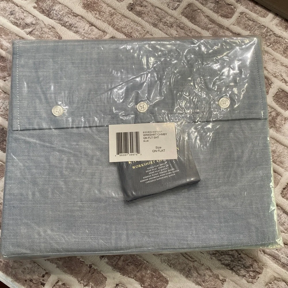 Ralph Lauren Bedding Blue Workshirt Chambray Queen Flat Sheet New In Package‎